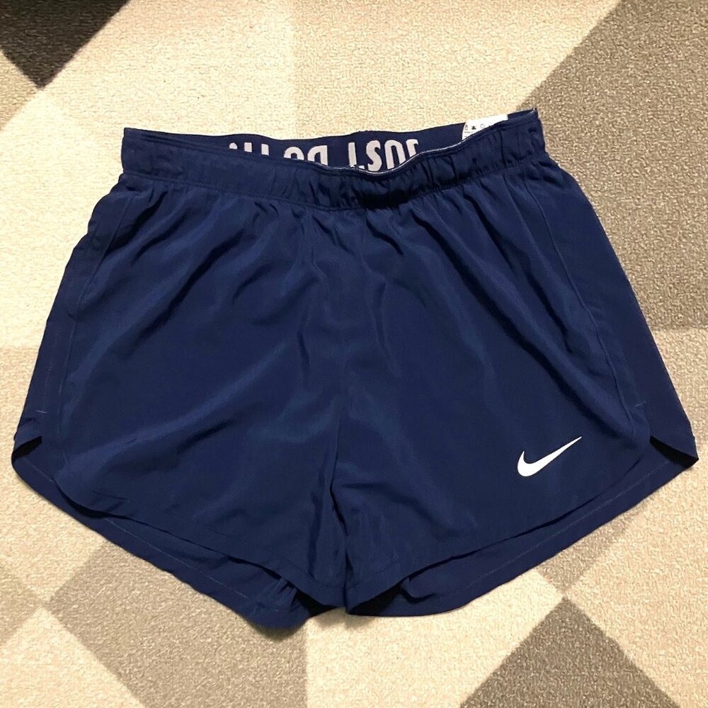 Nike Navy Blue Athletic Shorts with White Swoosh